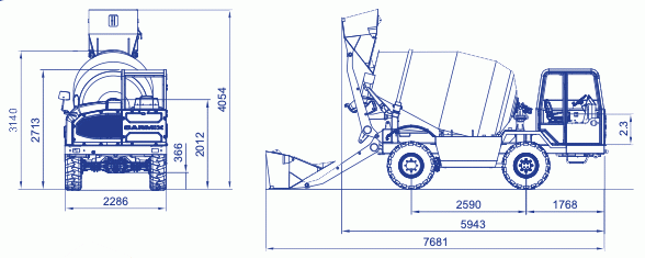 technische Zeichnung mit den Dimensionen de selbstlandenden Betonmischer CARMIX 45EVO